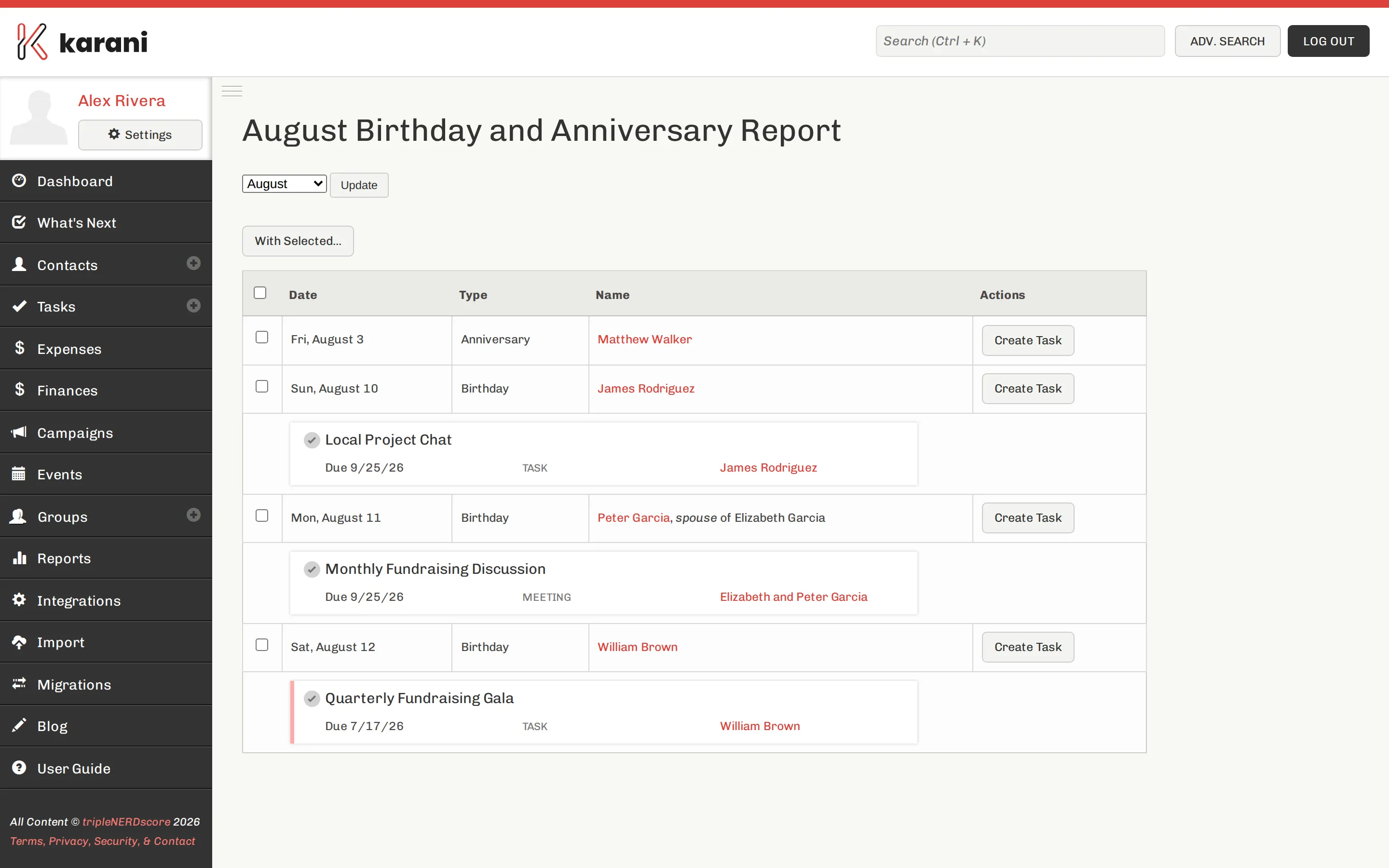 The Upcoming Special Days report listing contacts with upcoming birthdays and anniversaries