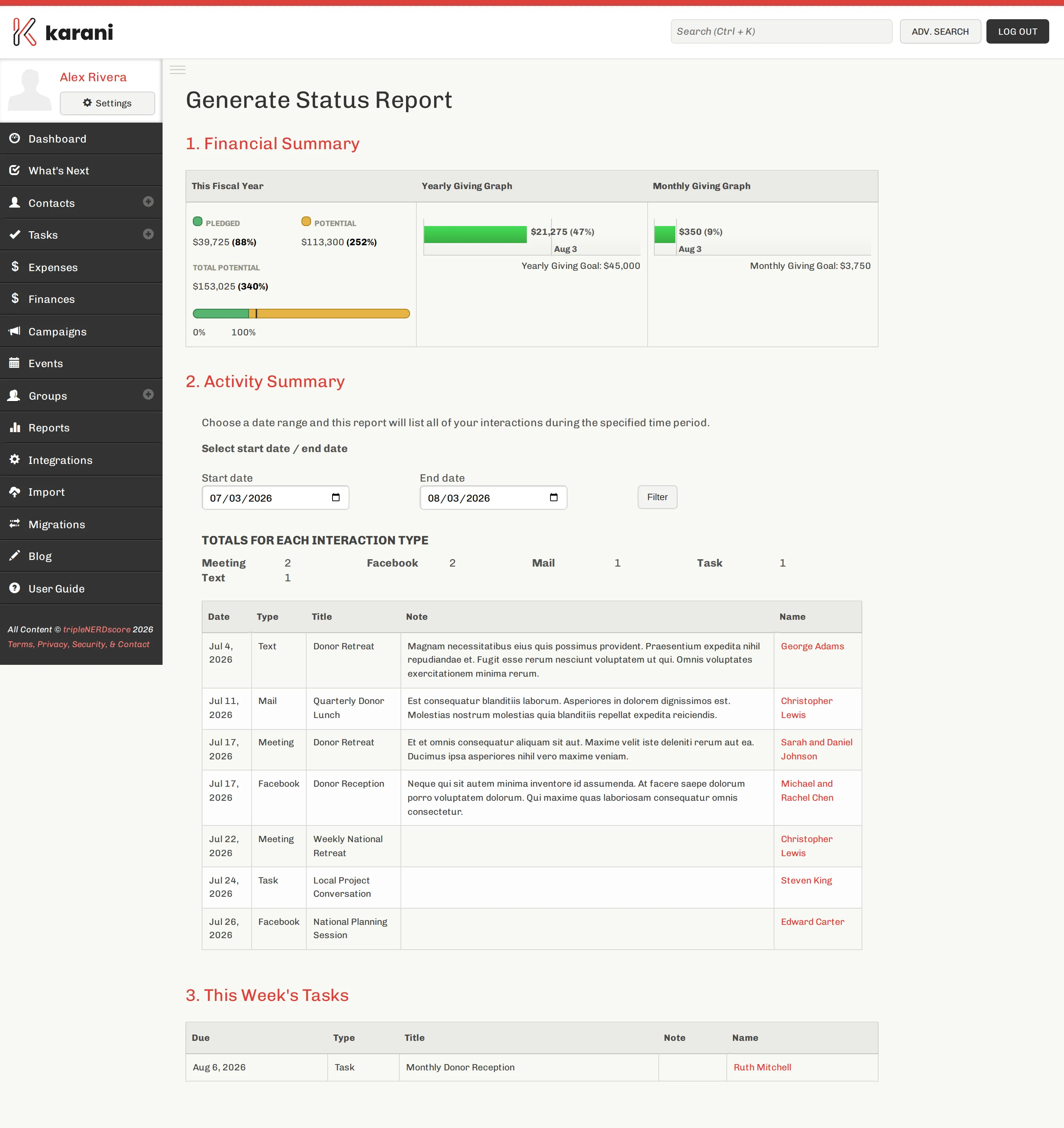 The Status Report showing a breakdown of finances, recent activity and interactions, and upcoming tasks
