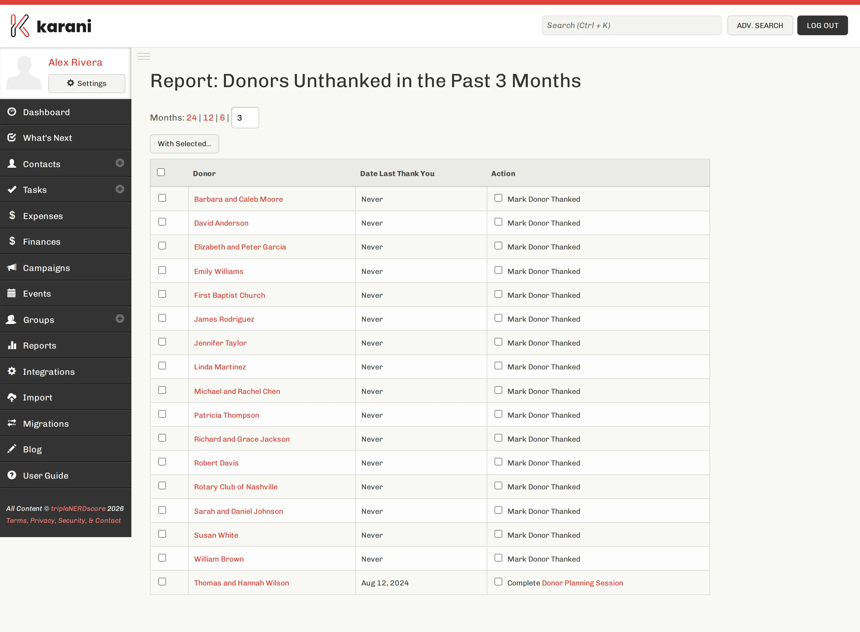 The Unthanked Donors report listing donors with a recent gift and no thank-you interaction