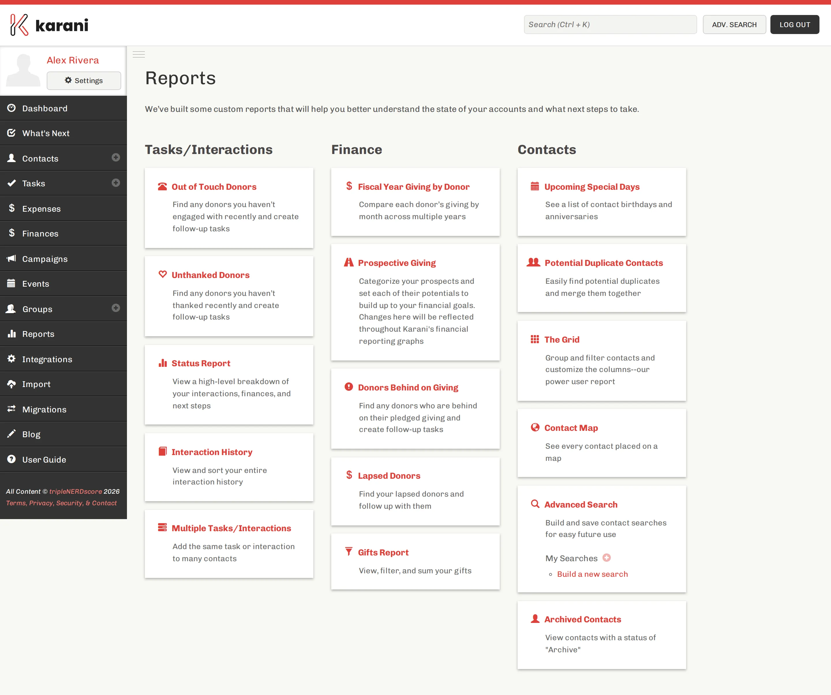 The Karani reports page organised into three columns: Tasks/Interactions, Finance, and Contacts, each containing report cards with descriptions