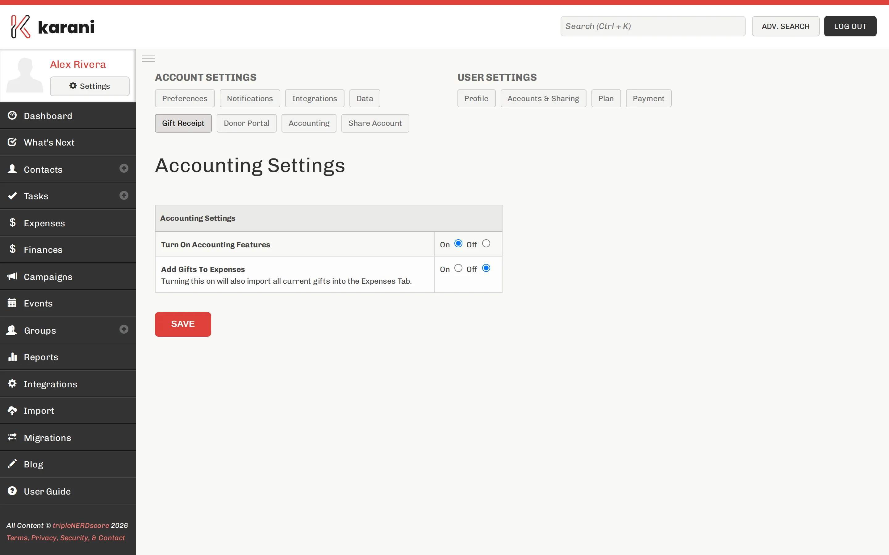 The Karani accounting settings page