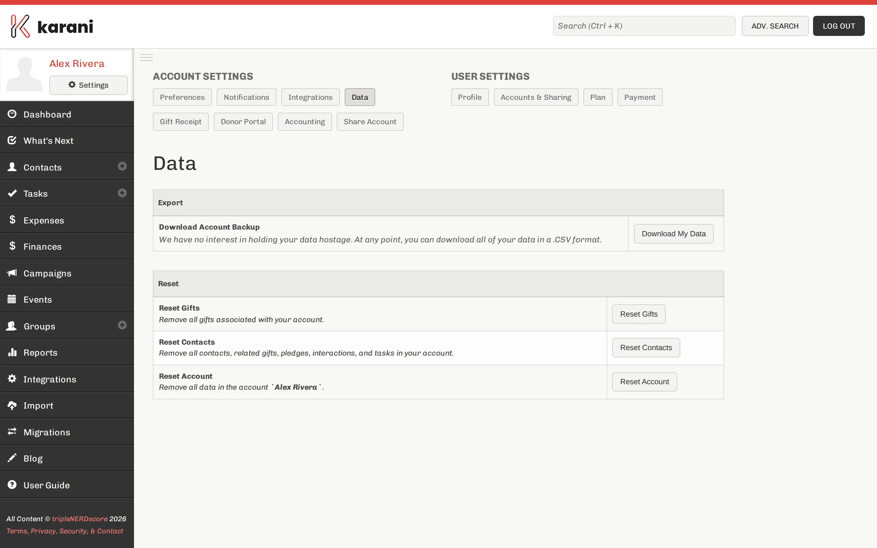 The Karani account data page with a Download My Data button and account reset options