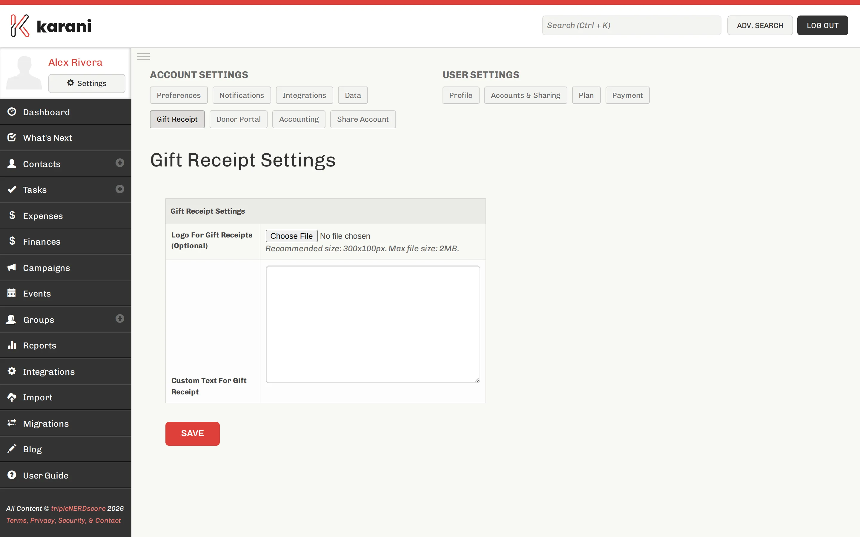 Gift receipt settings page with a logo upload and a custom text field