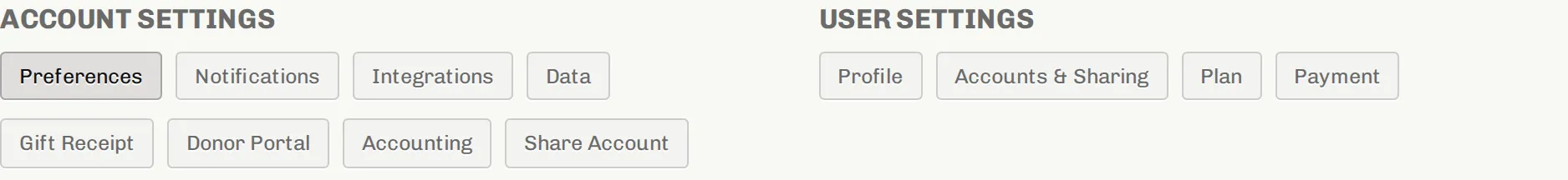 Karani's settings navigation, split into an Account Settings column containing Preferences, Notifications, Integrations, Data, Gift Receipt, Donor Portal, Accounting and Share Account, and a User Settings column containing Profile, Accounts and Sharing, Plan and Payment