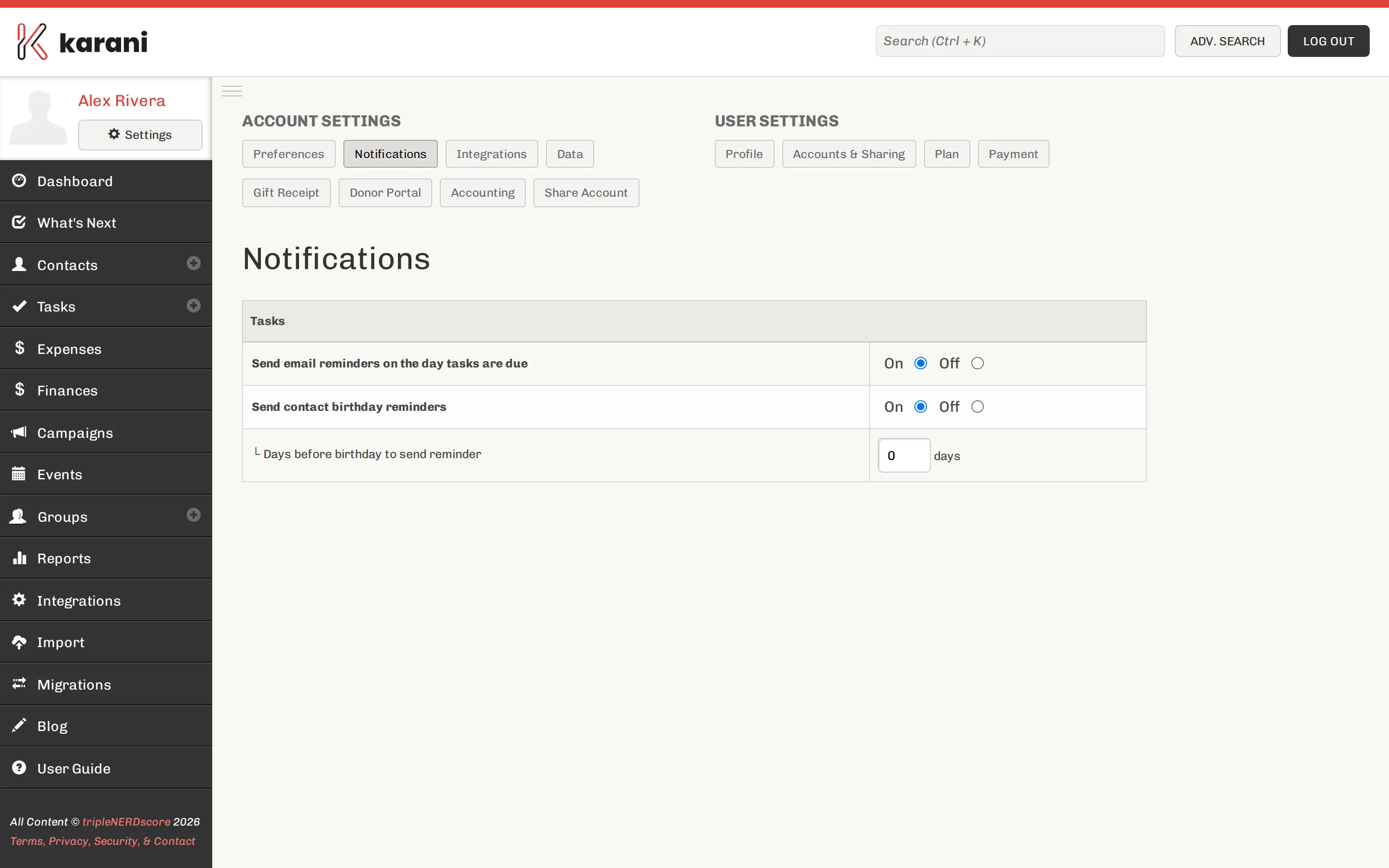 The Karani notifications settings page with toggles for the emails Karani can send you