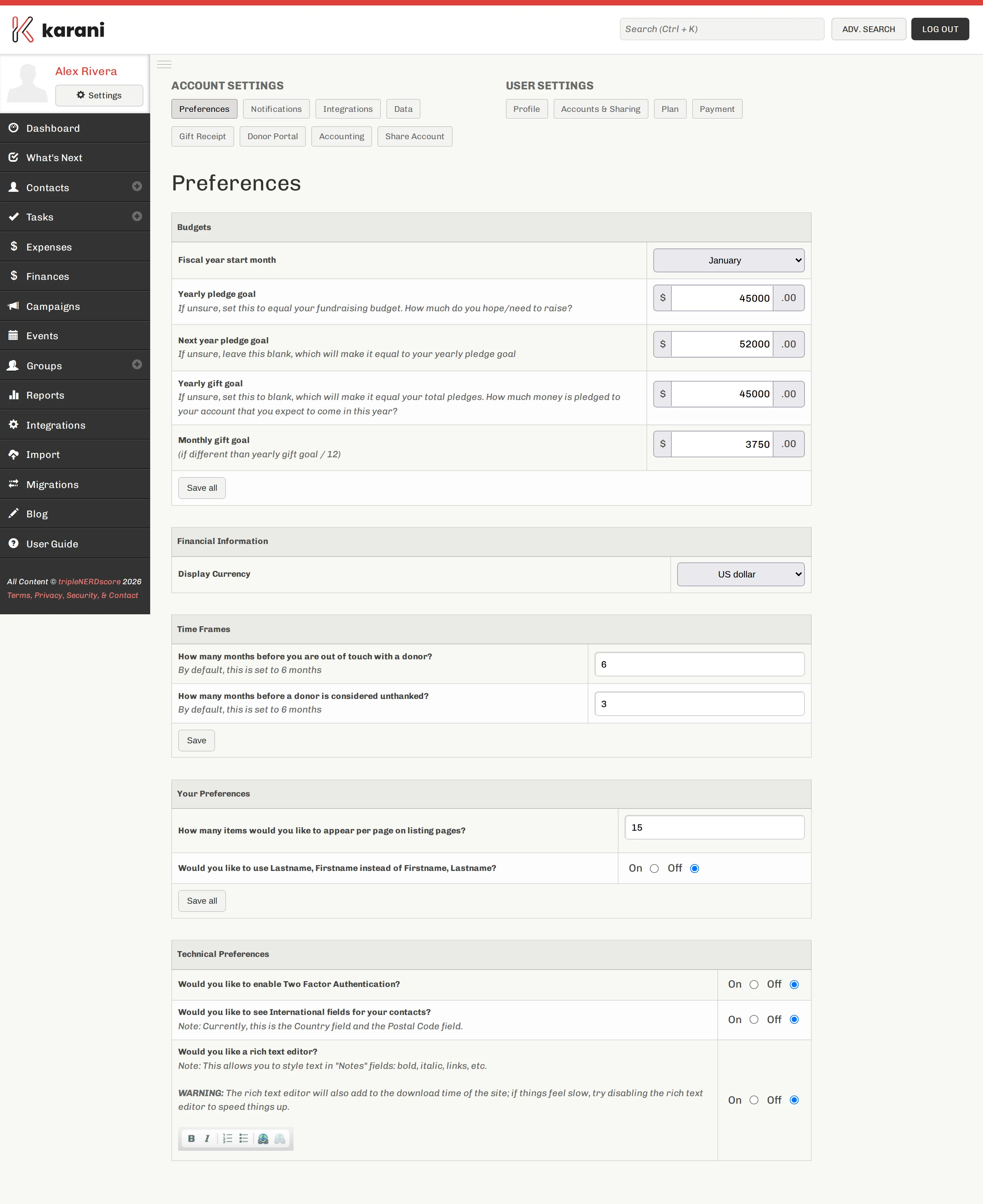 The Karani preferences page showing Budgets with fiscal year start month and pledge goal fields, time frame settings, general preferences, and technical preferences