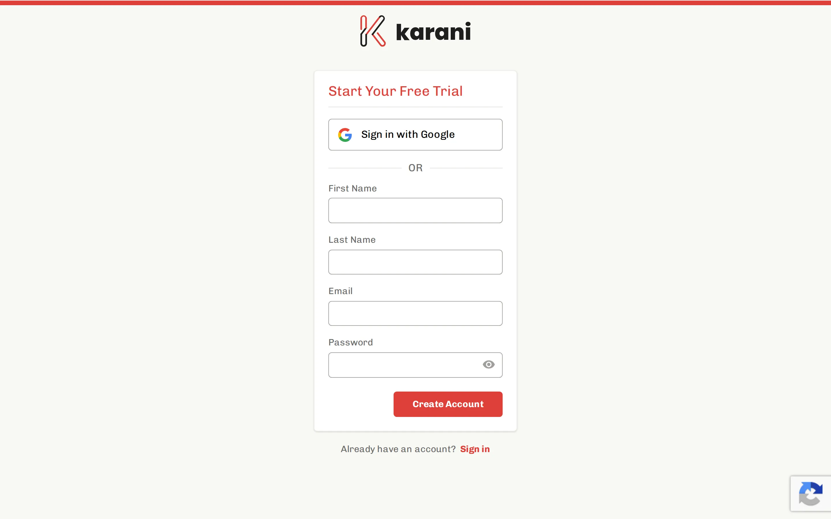 The Karani sign-up form with fields for name, email, and password, plus a Sign up with Google option