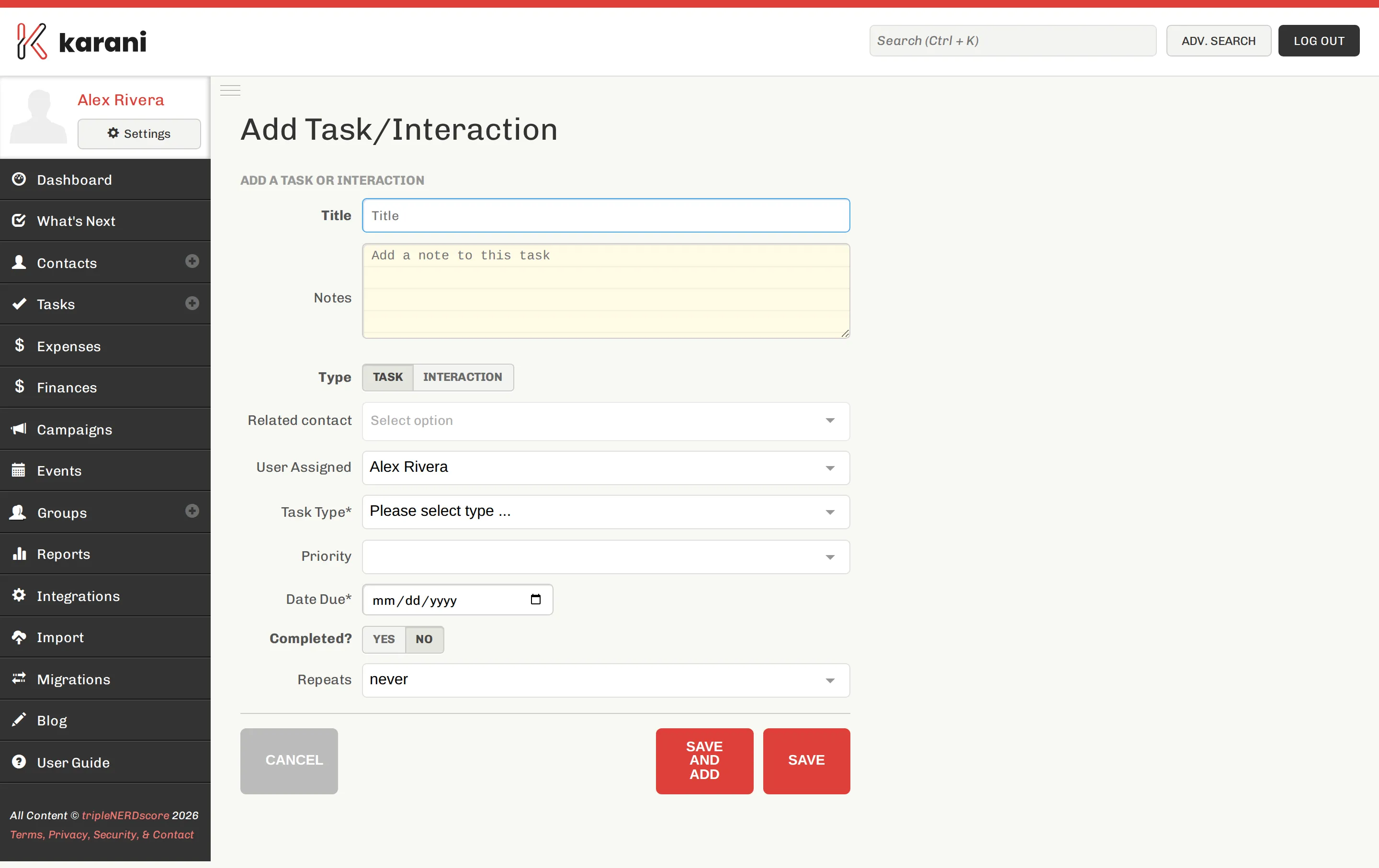 The Add Task form with fields for contact, title, type, due date, priority, and notes
