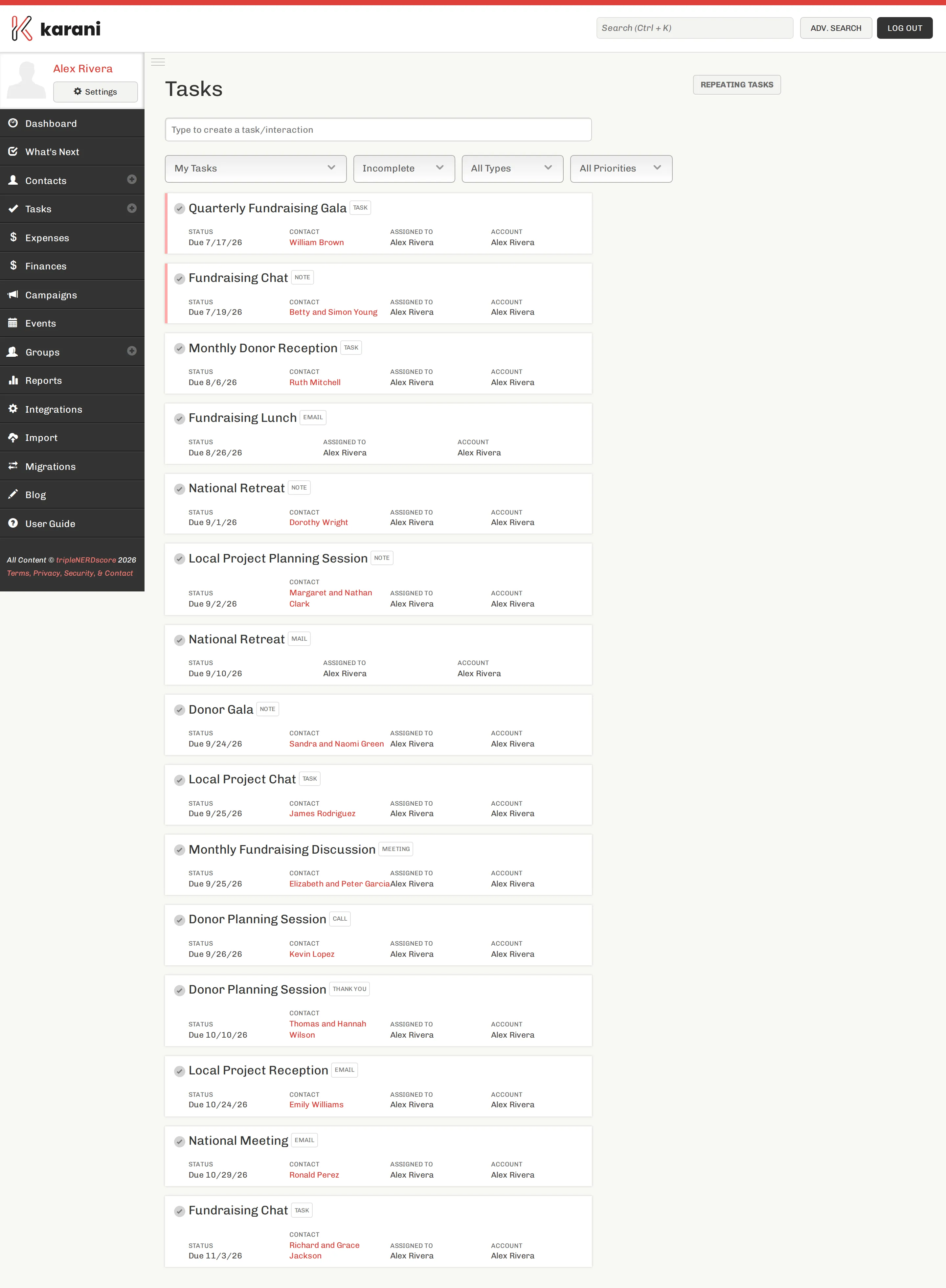 The Karani tasks page listing outstanding tasks with their contact, type, due date, and a checkbox to complete each one