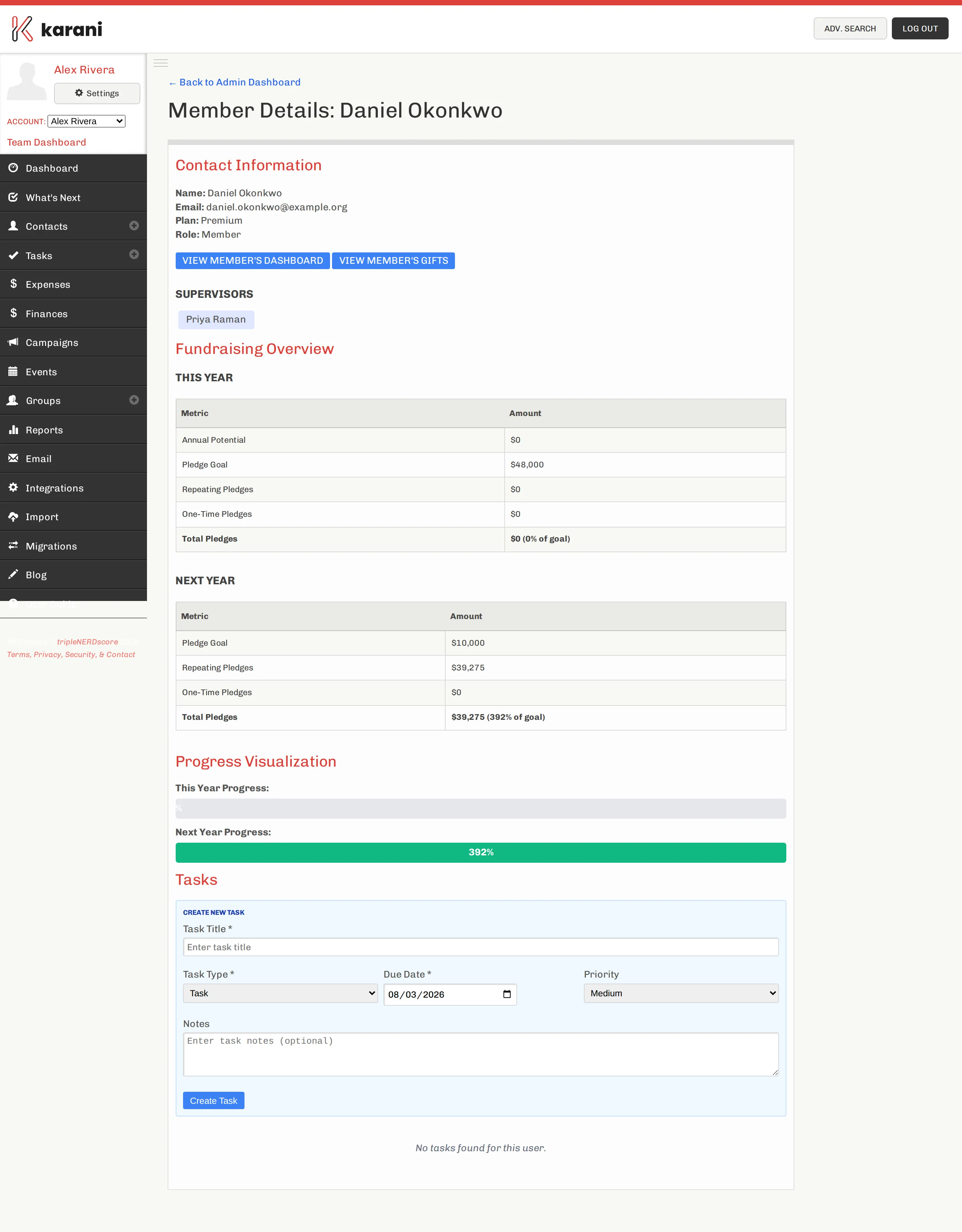 A team member detail page showing contact information, team information, a fundraising overview with this year and next year pledges, progress visualization, and a task creation form