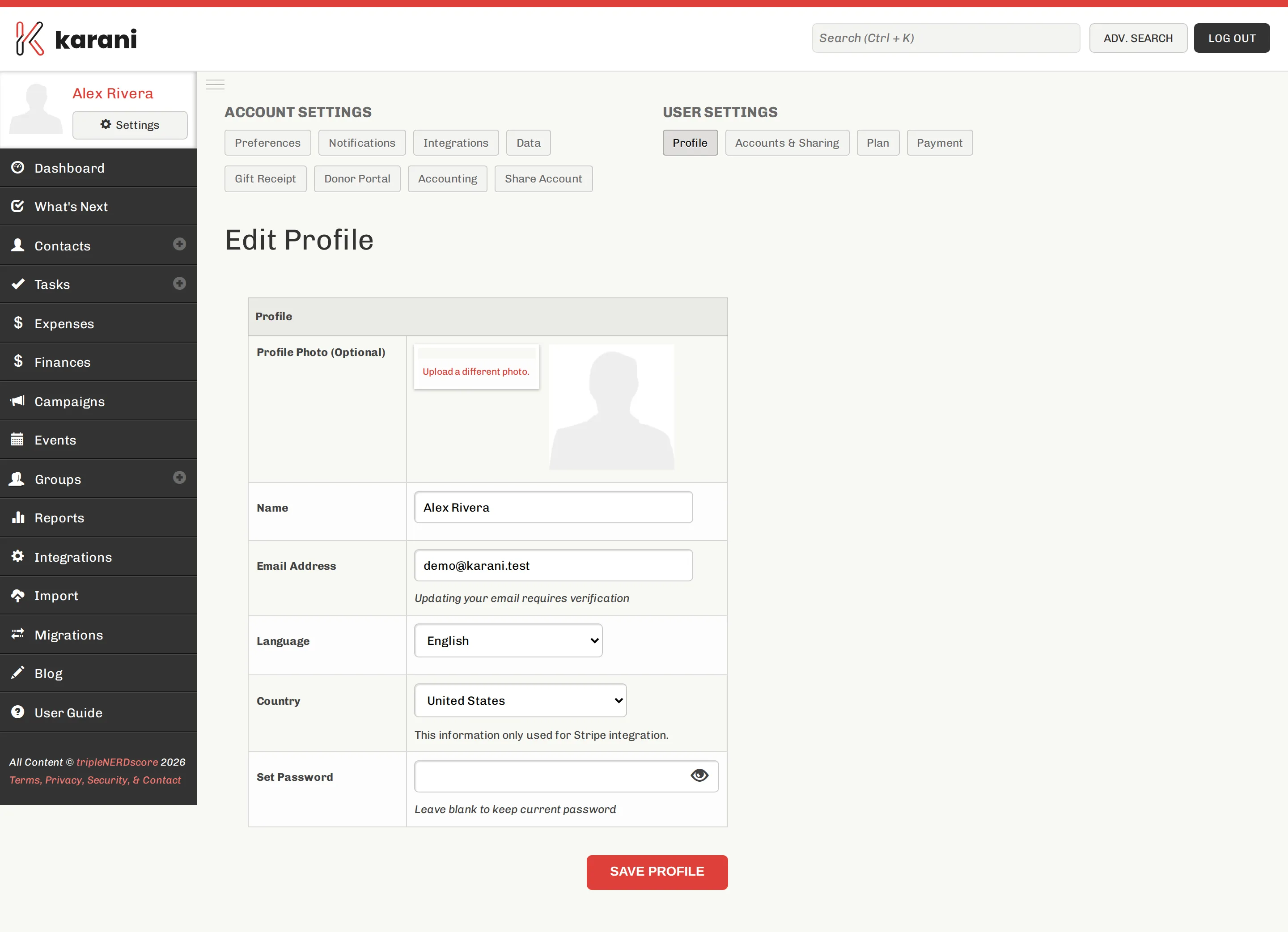 The Karani user profile page with fields for name, email address, and password