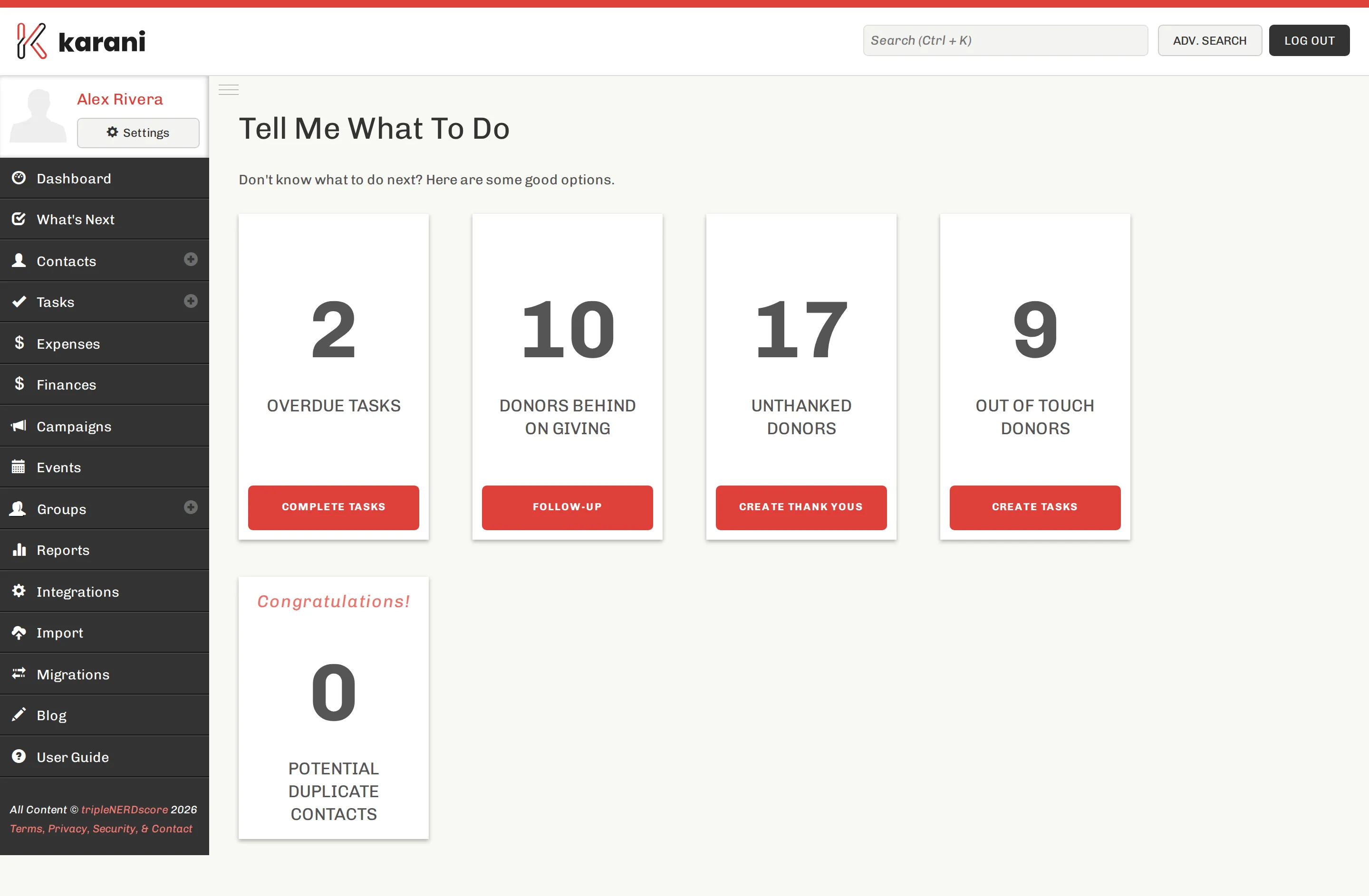 The What's Next page showing prioritised suggestions of contacts to reach out to, with the reason for each suggestion